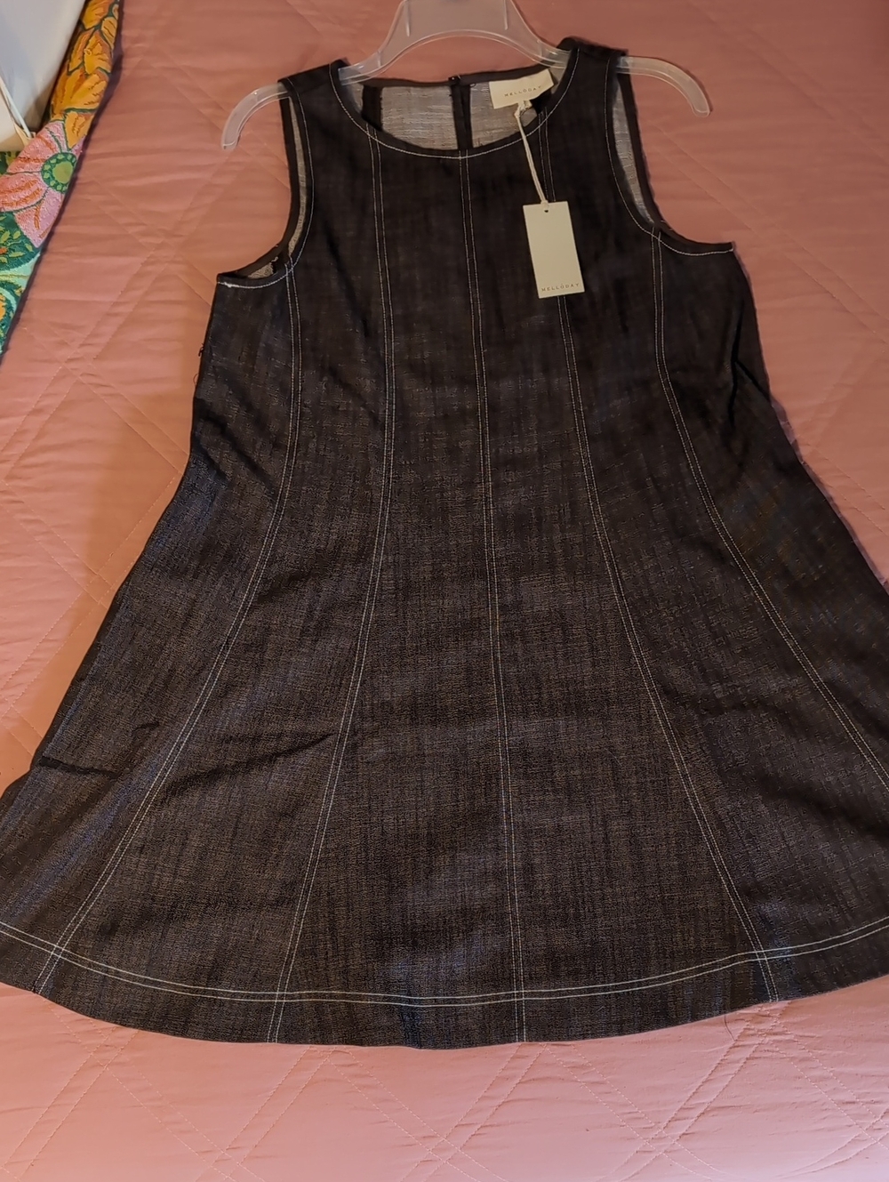 MELLODAY Charcoal Denim Sleeveless Shift Dress with Light Stitching